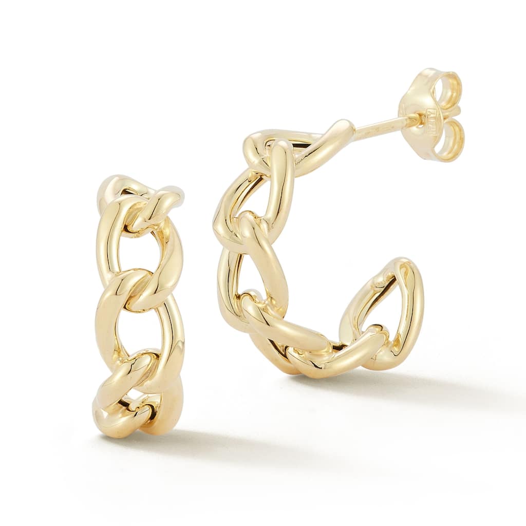 Soleil 14K Gold Curb Chain Link Small Hoops, Made in Italy - Yellow