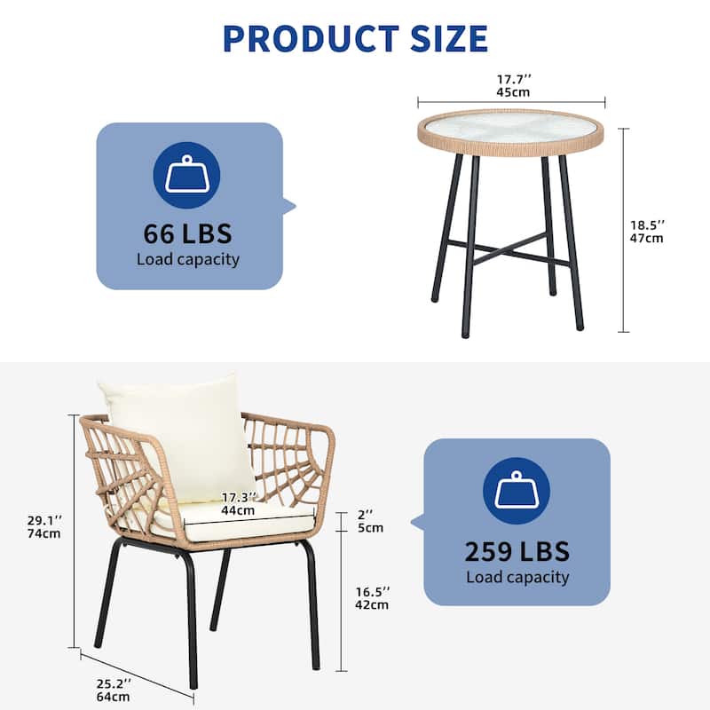 Moasis 3-Piece Cushioned Bistro Set Patio Wicker Chair and Side Table