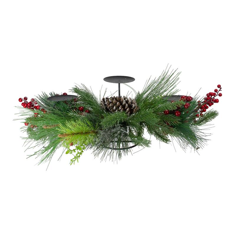 32" Iced Mixed Pine, Berries Pine Cones Christmas Pillar Candle Holder