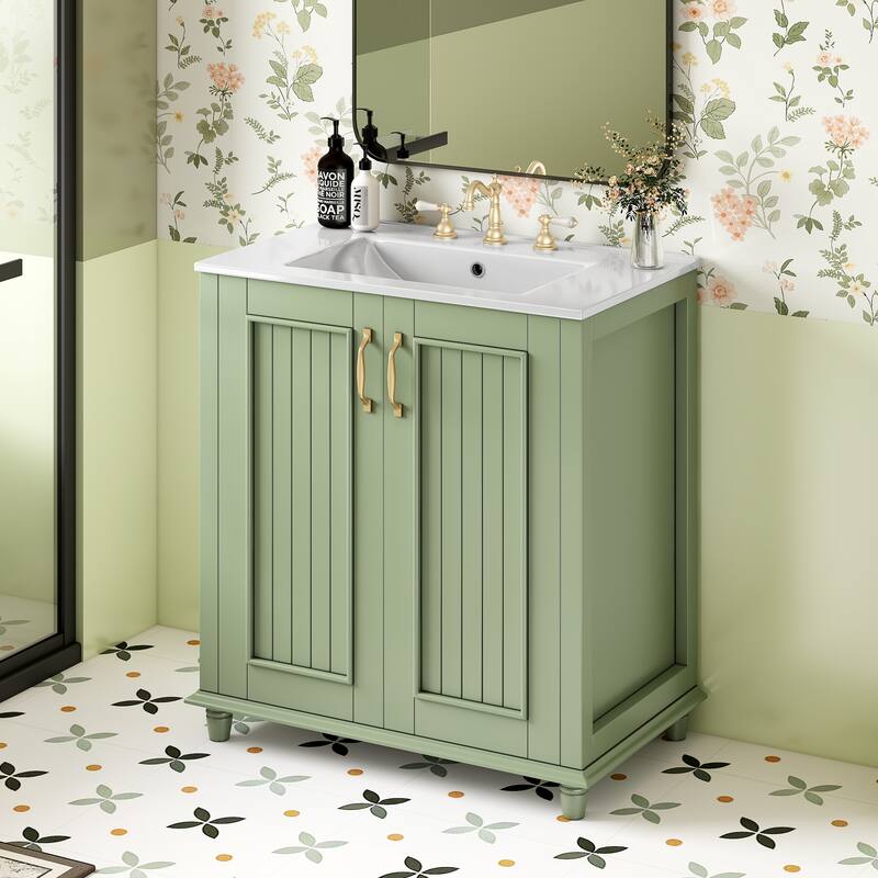 30-Inch Green Bathroom Vanity with Ceramic Sink, Roman Legs, Adjustable Soft-Close Hinges, and Ample Storage - Green