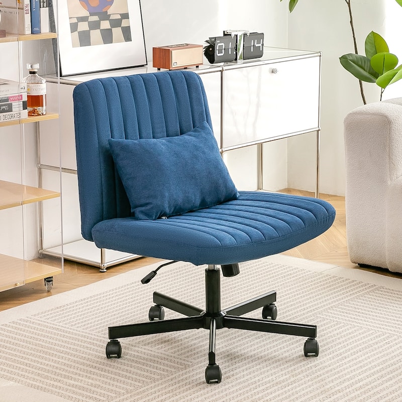 Criss Cross Chair with Wheels, Adjustable Armless Swivel Rolling Chair, Linen Upholstered Office Chair with Lumbar Pillow