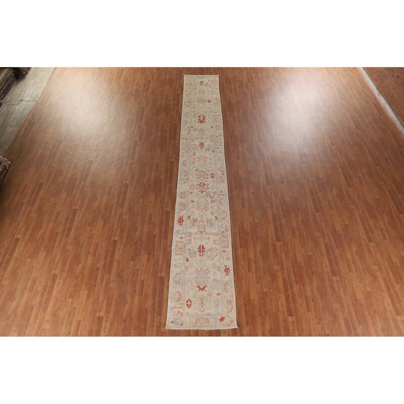 Hand Knotted Oriental 100% Wool Carpet Transitional All-Over Beige & Ivories Oushak Runner Rug - 17' 7'' X 2' 6''