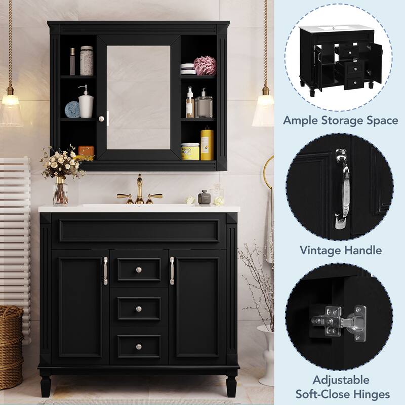 36" Bathroom Vanity with Top Sink, Black Mirror Cabinet, Modern Bathroom Storage Cabinet with 2 Soft Closing Doors