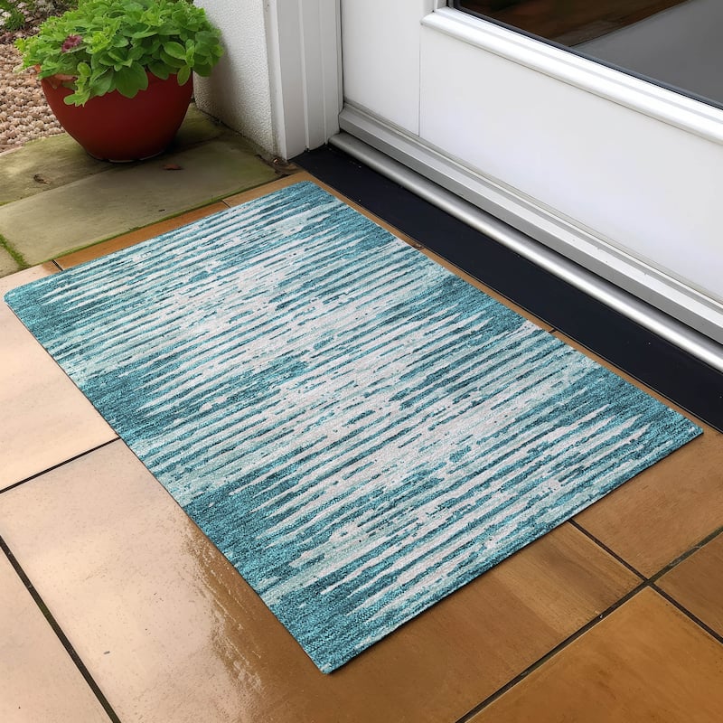 Machine Washable Indoor/ Outdoor Ombre Chantille Abstract Rug - Teal - 1'8" x 2'6"