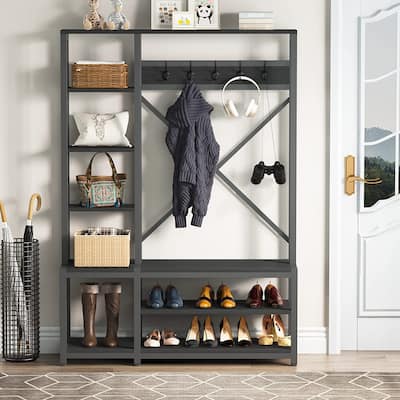 4-in-1 Entryway Hall Tree with Side Storage Shelves 5 Hooks - 47"*15"*70"(L*W*H)