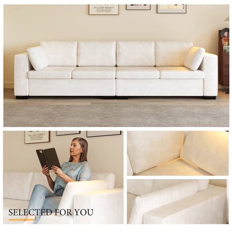 Modern Chenille Fabric 4-Seat Sofa Couch Off-White, Wood Frame, High Elastic Foam