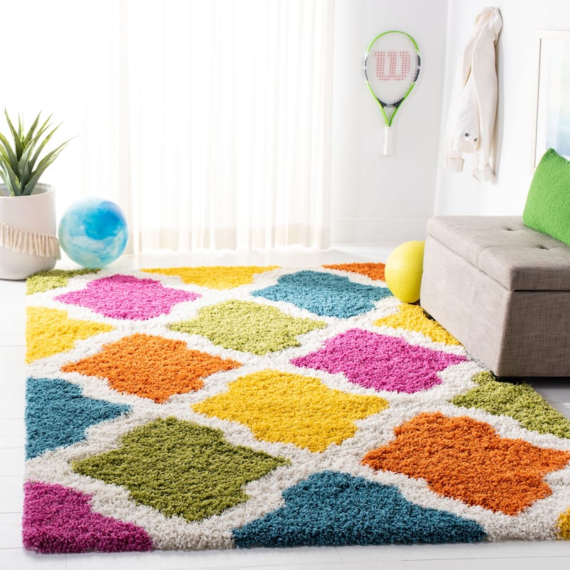 SAFAVIEH Kids Shag Caren Geometric Nursery Playroom 2-inch Thick - 8' x 10' - Ivory/Multi - Runner/Rectangle