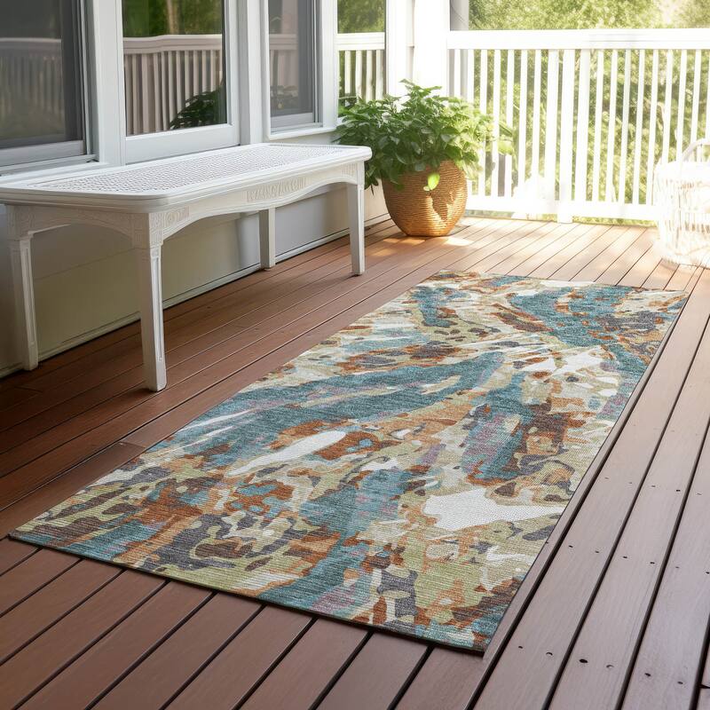 Machine Washable Indoor/ Outdoor Brushstrokes Chantille Rug - Teal - 2'3" x 7'6"