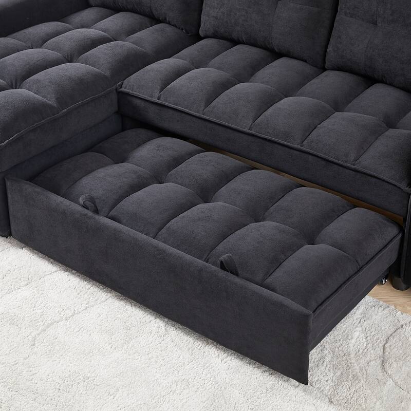 Modern Chenille L-Shaped Convertible Sofa Bed with Storage, USB and Type-C Charging Ports for Living Room