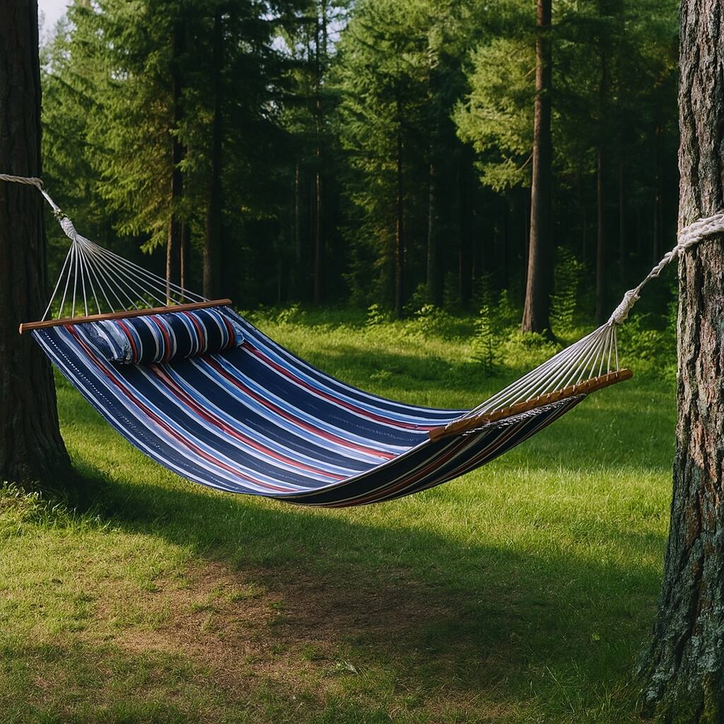 HomeRoots Blue Red And White Striped Double Hammock - 125.50 in. x 1.00 in. x 55.00 in.