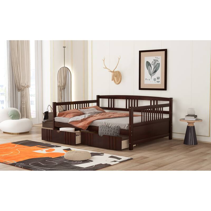 Daybed with Two Drawers, Solid Wood Frame, Guardrails, No Box Spring Needed