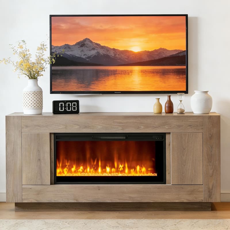 Modern Fireplace TV Stand for 80" TV, Entertainment Center with LED - Alder Grey
