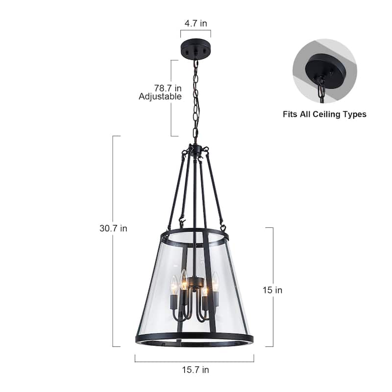 4-Light Black Farmhouse Clear Glass Drum Pendant Light