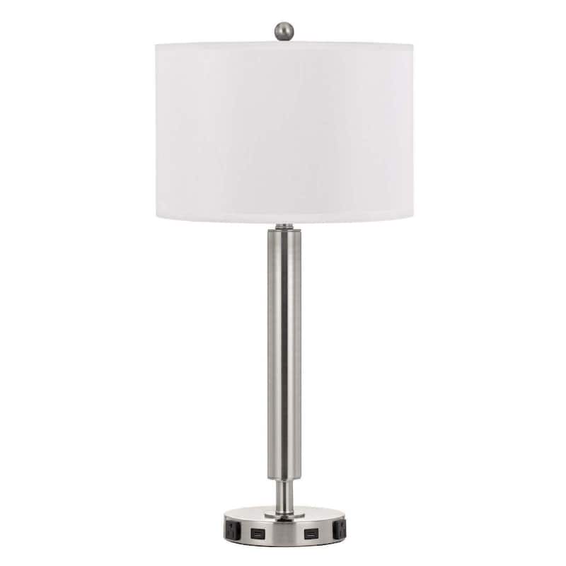 30" USB Table Lamp Nickel Metal Cylinder with White Fabric Shade - 15” x 15” x 30” - Nickel-White