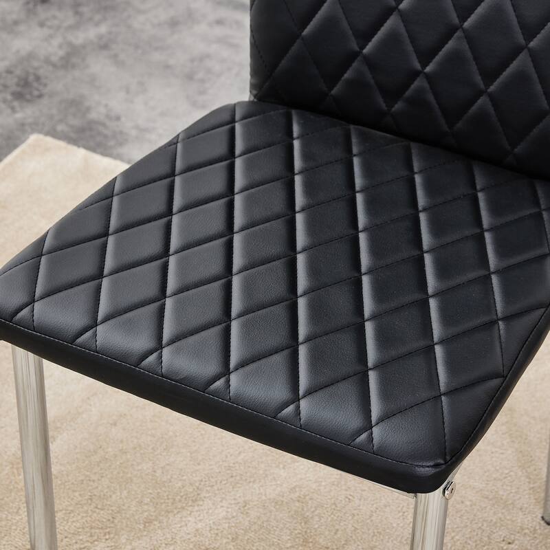 Leather Dining Table Chair Set of 6, High Back Dining Chair, Grid Armless Lounge Chair, Office Chair with C-Shaped Metal Legs