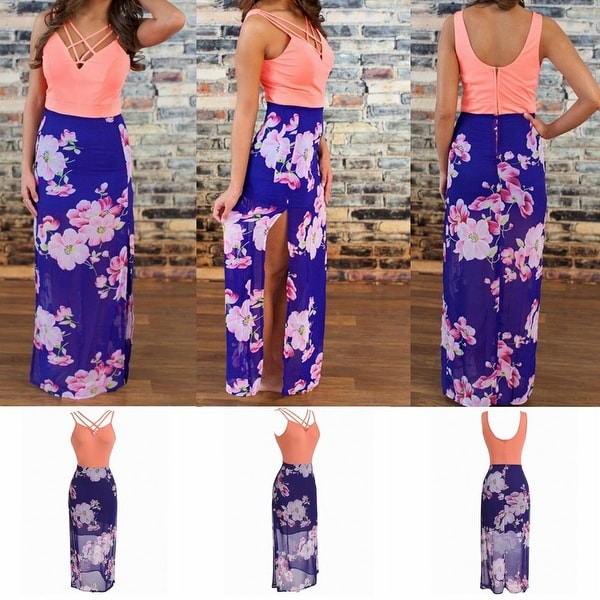 Womens Casual Summer Floral Side Slit Maxi Beach Tank Dress Sundress