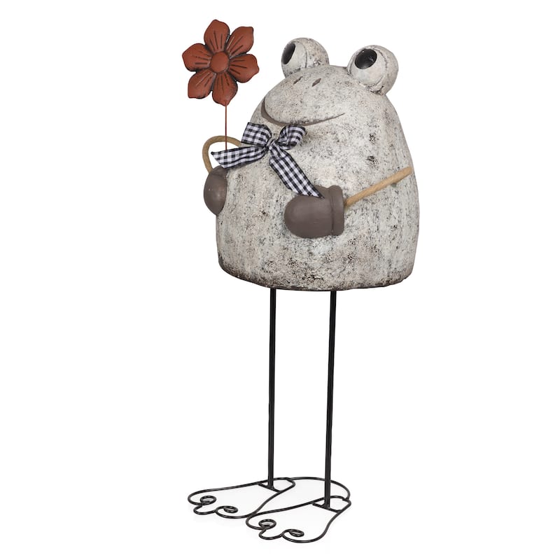 Stone Finish Frog with Metal Flower Statuary