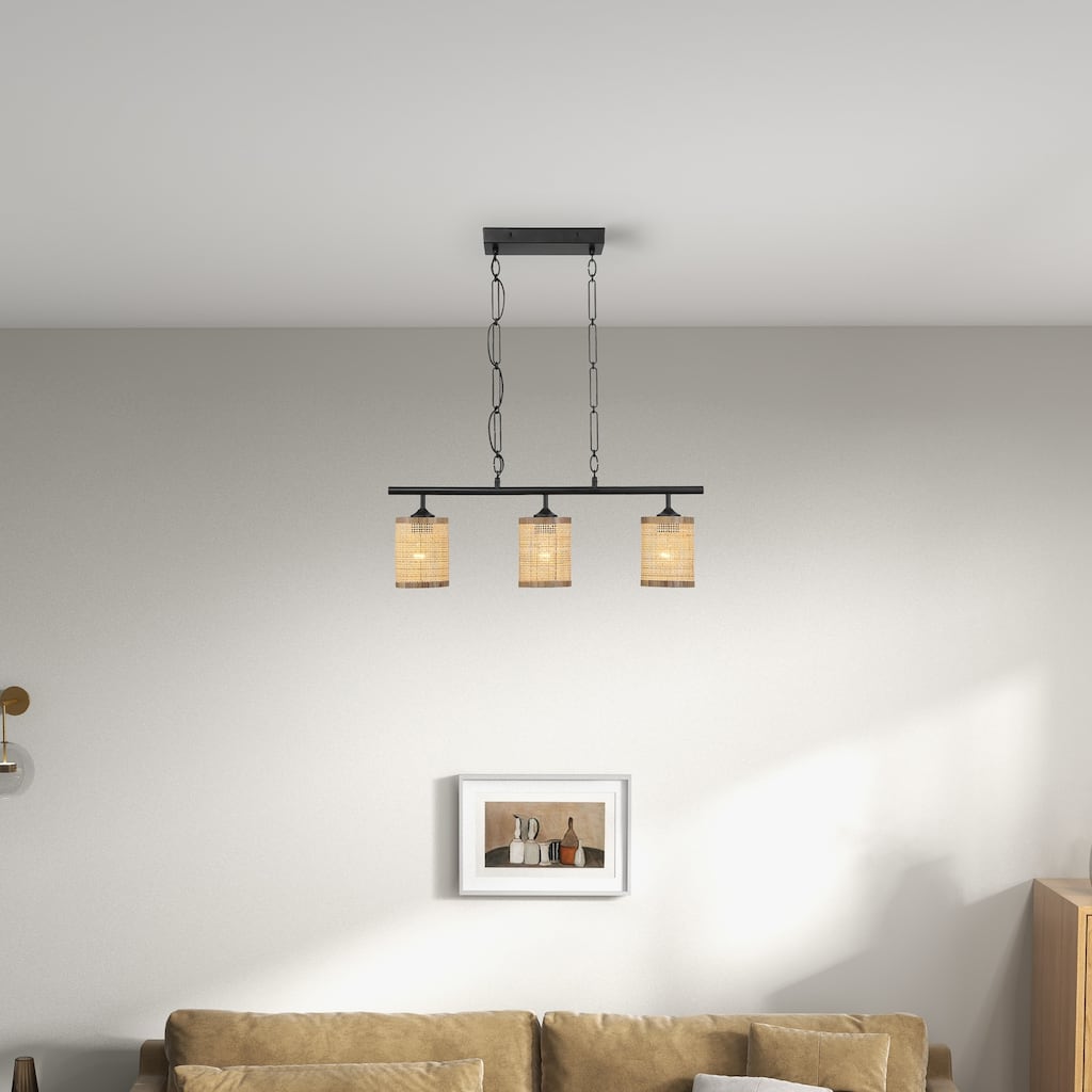 Sian Three-Light Island Pendant Lamp, Natural Rattan Shade - Black