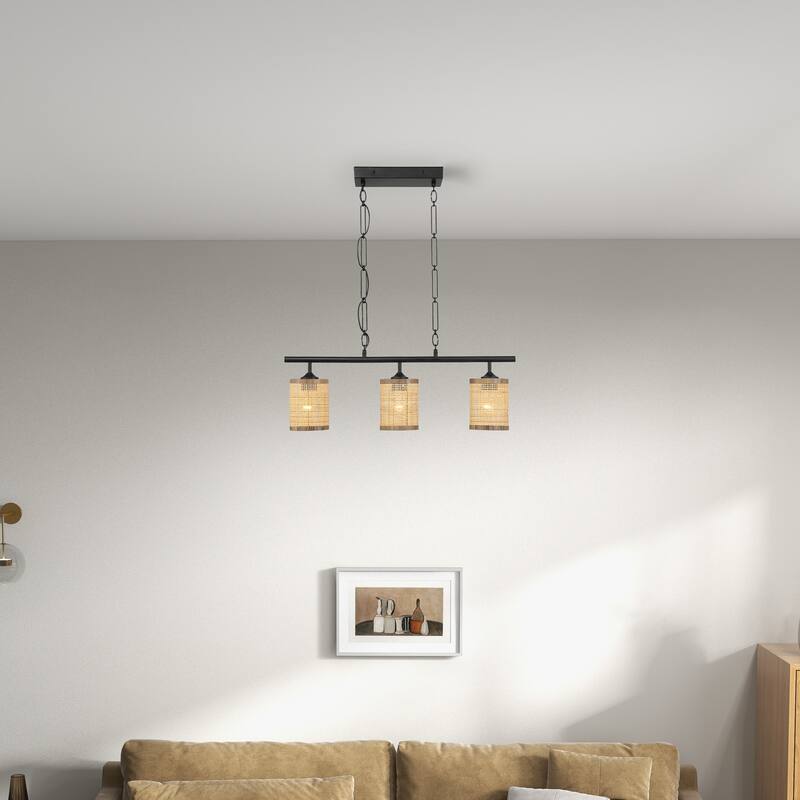 Sian Three-Light Island Pendant Lamp, Natural Rattan Shade - Black
