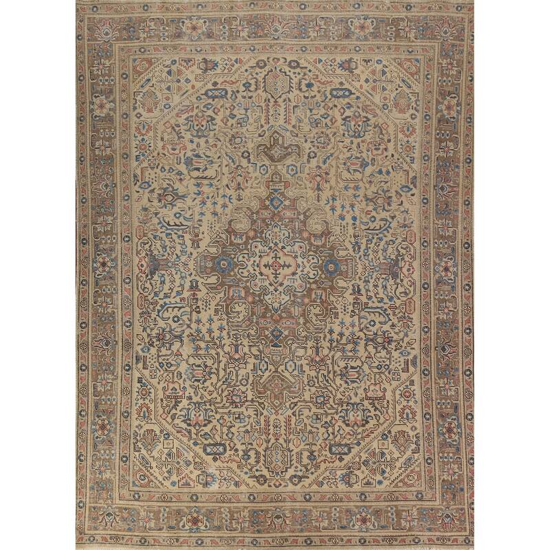 Tabriz Persian Rug Hand-Knotted Oriental Beige Wool Carpet - 7'10"x 10'10"