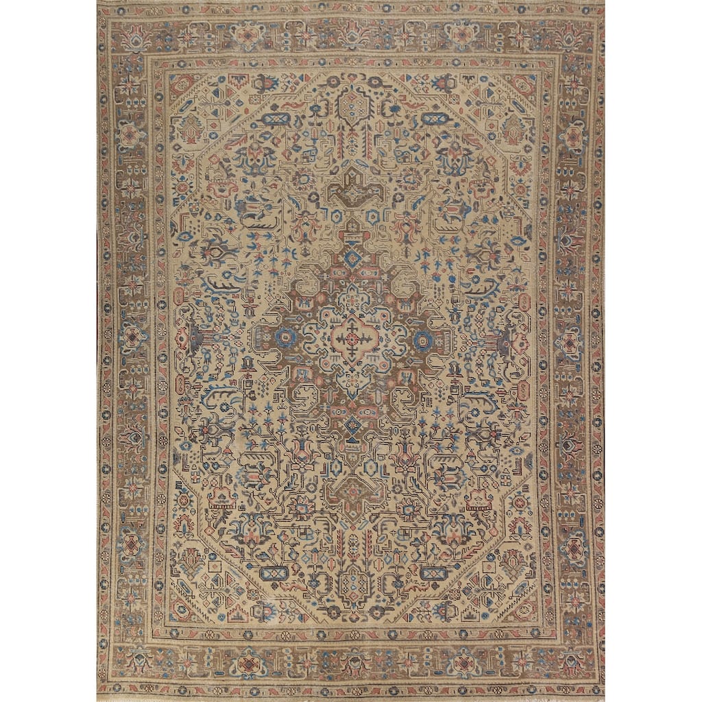 Tabriz Persian Rug Hand-Knotted Oriental Beige Wool Carpet - 7'10"x 10'10"