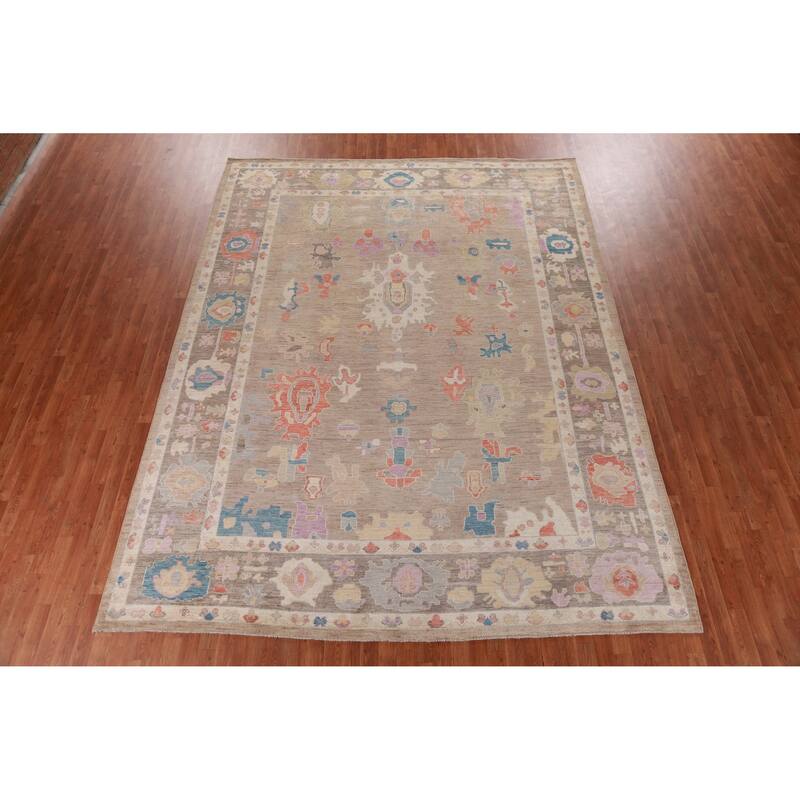 Hand Knotted Oriental 100% Wool Carpet Transitional All-Over Brown Oushak Area Rug - 12' 4'' X 9' 5''