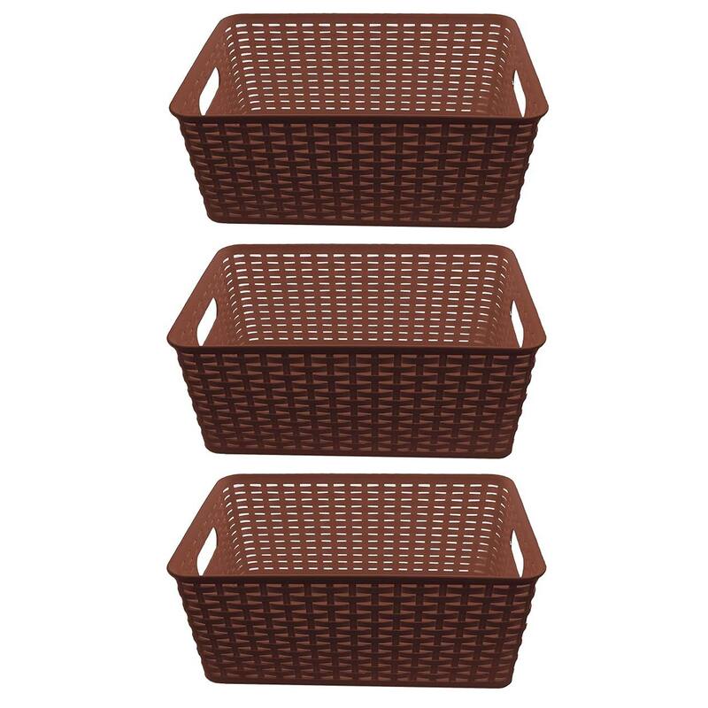 YBM Home Plastic Rattan Storage Box Basket Organizer, BA425 - Pack of 3 - Brown