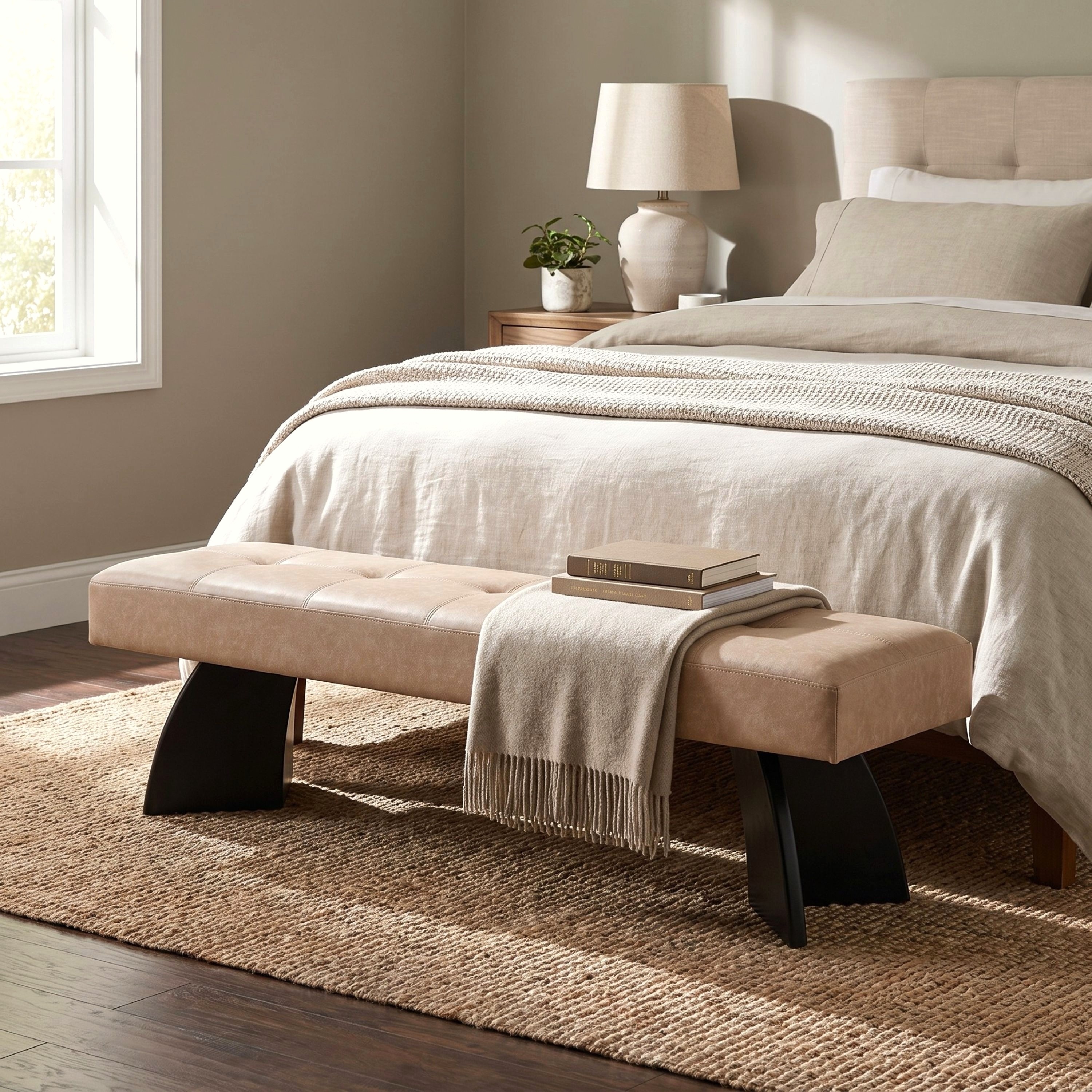 Christopher Knight Home - Solm Modern Indoor Bench, PU Tufted Upholstered Seat & Curved Wood Legs for Dining Room & Living Space