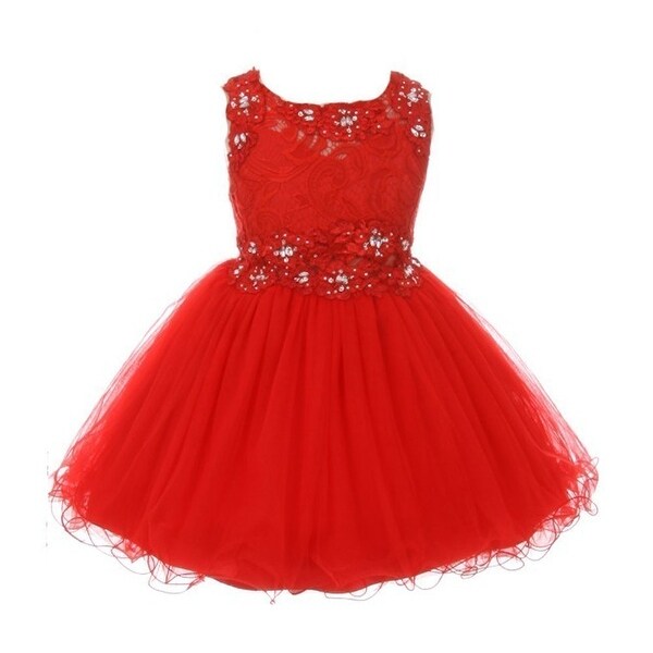 Girls Red Glitter Rhinestone Adorned Tulle Junior Bridesmaid Dress ...