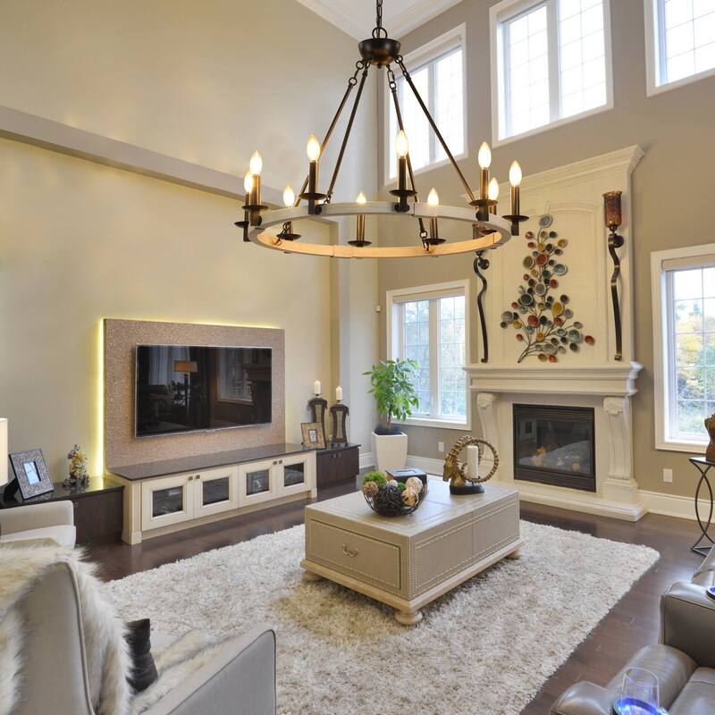 Farmhouse 10-Light Candle Chandelier, Black Metal and Wood Round Hanging Light, Adjustable Height, for Dining Room or Kitchen