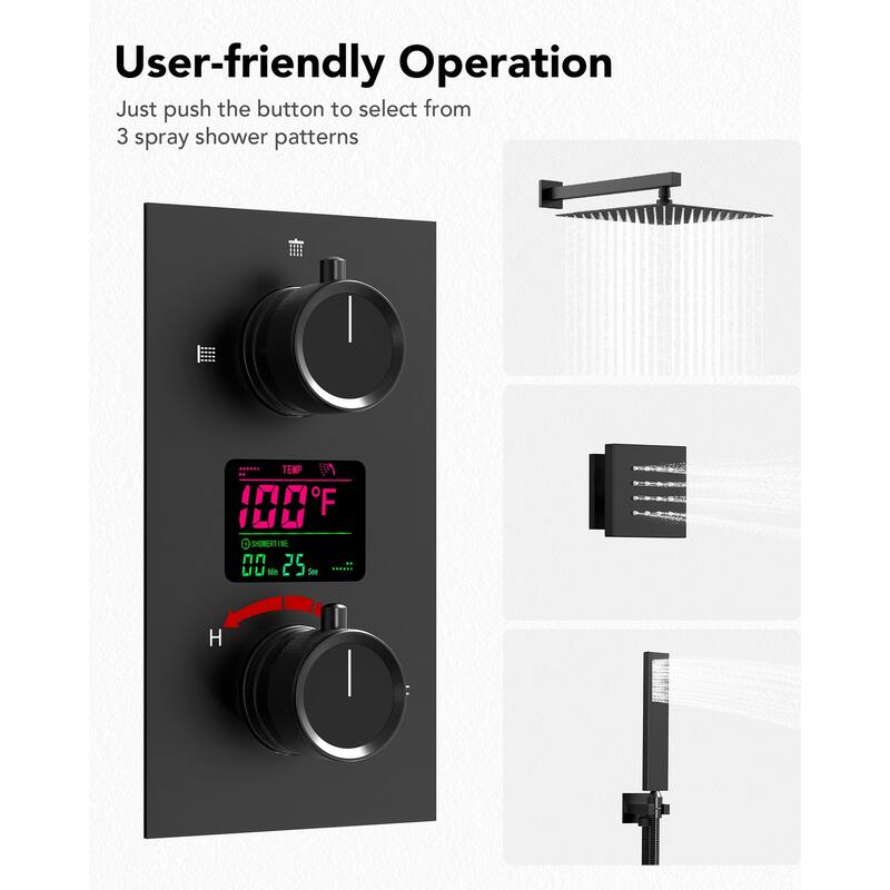 Wall-Mounted Shower Fixture System 12 in Rain Shower Head LCD Digital Thermostatic Valve Shower Faucet Set with 3 Body Jets