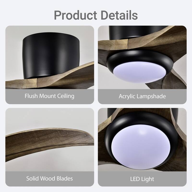Modern 52" Ceiling Fan Matte Black, Light, Remote, Wood Blades, Quiet Motor