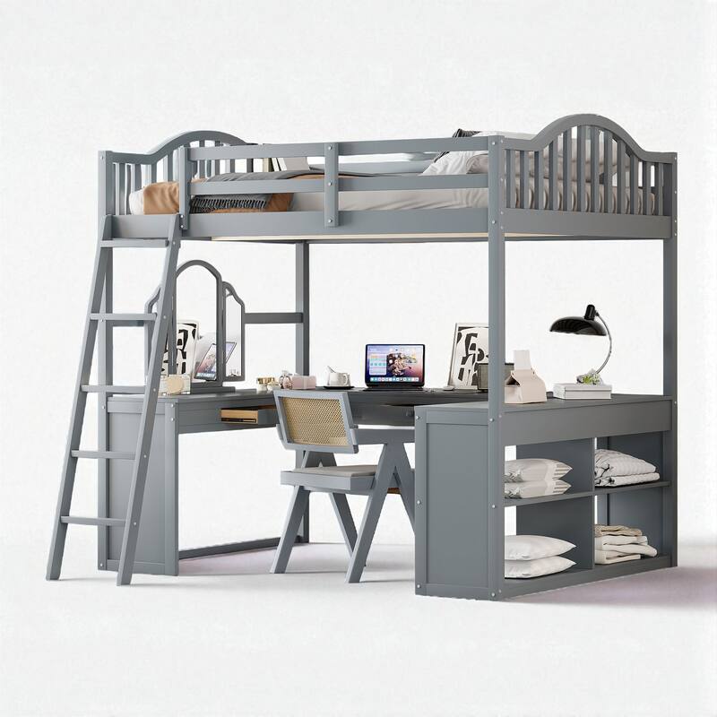 Full Size Wooden Loft Bed with U-Shaped Desk, 4 Compartments, 2 Drawers and Tri-Fold Mirror