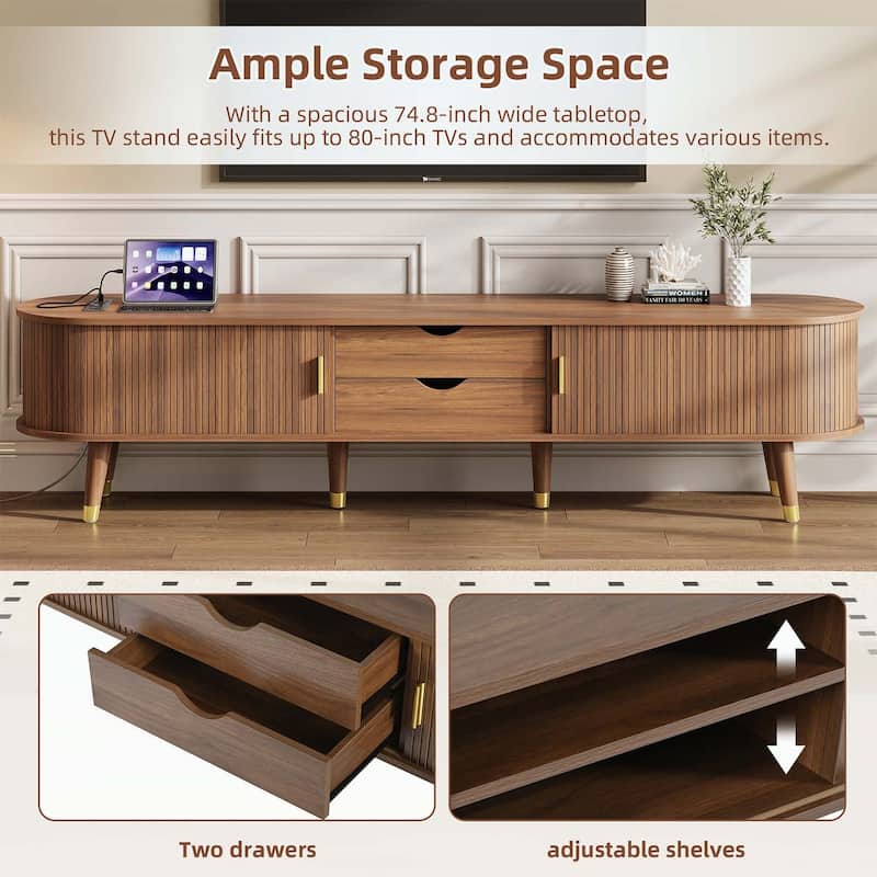 Wooden Oval Fluted TV Stand with Charging Station,Sliding Tambour Door,and Ample Storage for Living Room