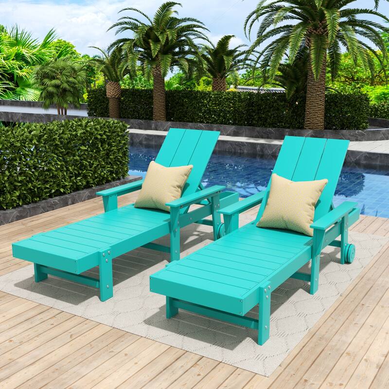 Polytrends Shoreside Modern Poly Reclining Eco-Friendly All Weather Chaise Lounge With Arms & Wheels (Set Of 2)
