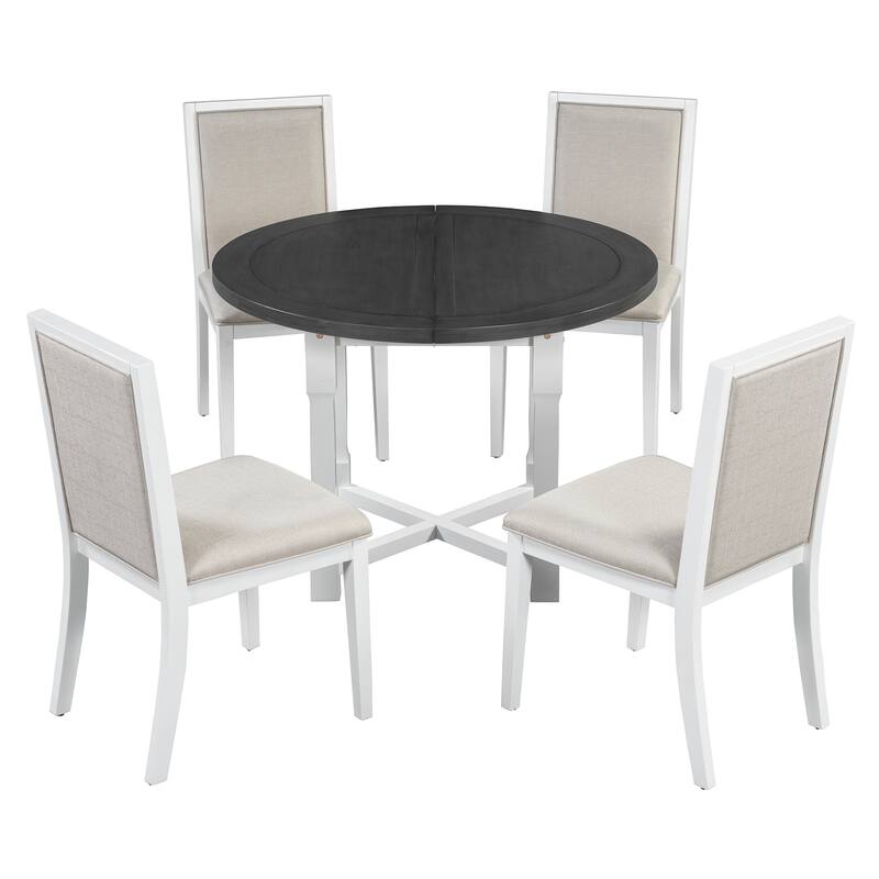 Farmhouse Extendable Dining Table Set Upholstered Chair 5-piece