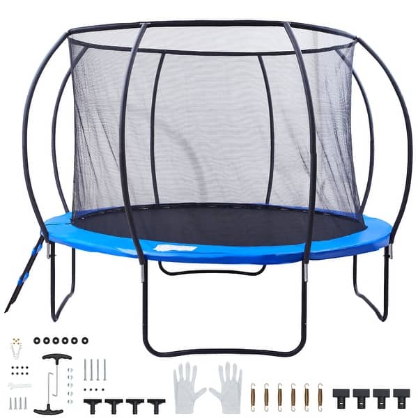slide 2 of 11, Trampoline, Trampoline with Enclosure Net, Ladder, and Curved Pole, Heavy Duty Trampoline with Jumping Mat 12FT 400 lbs capacity