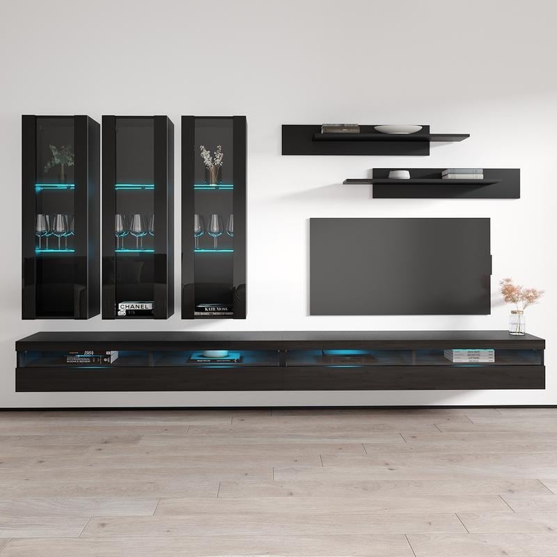 Meble Furniture Fly E3 35TV Wall-Mounted Floating Ent Center w/LED - 7-Piece Set 67"H x for 90" for up to 90" TVs