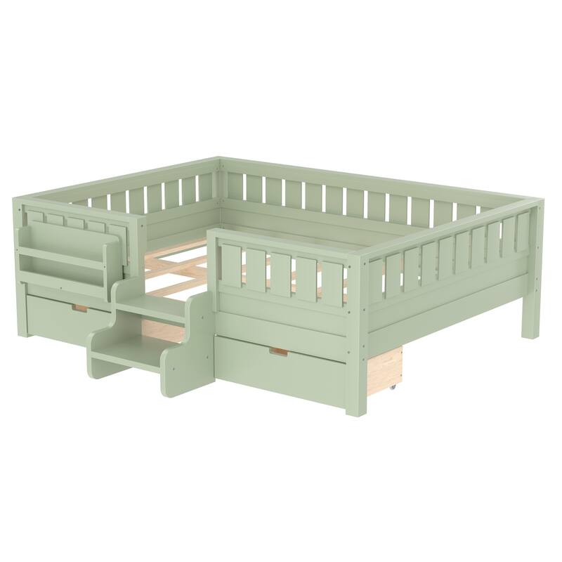 Multiple Colors Toddler Montessori Bed Children's Platform Bed with Low Profile Stairs, Built-in Bookshelf and Storage Drawers