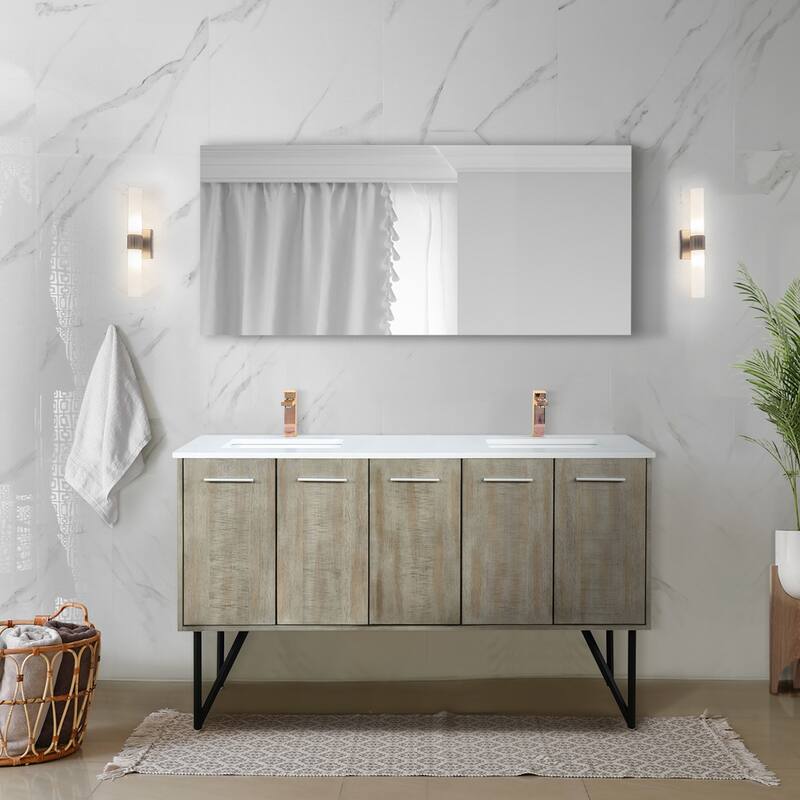 Lancy 60 in W x 20 in D Rustic Acacia Double Bath Vanity, White Quartz Top, Brushed Nickel Faucet Set and 55 in Mirror