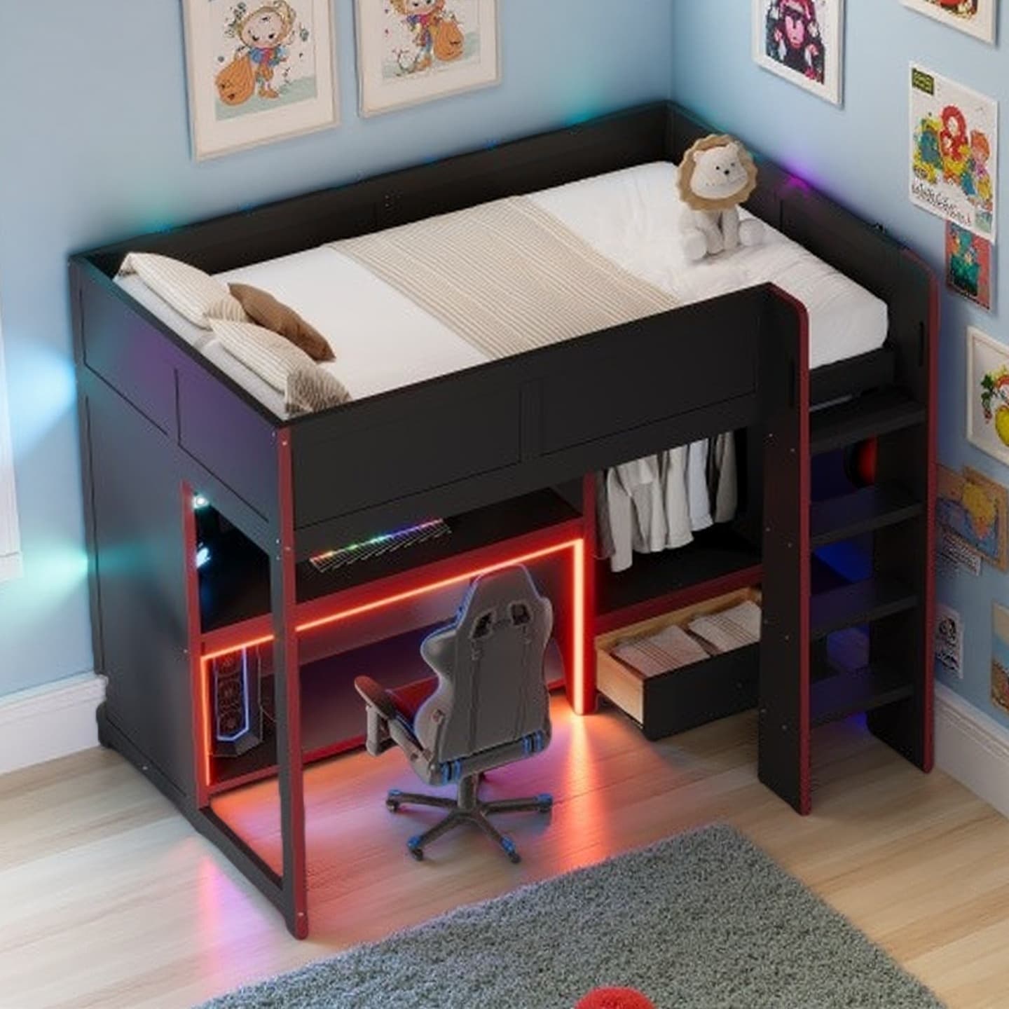 Full Size Gaming Loft Bed with Built-In Desk, Wardrobe, Drawer, and LED Lighting, Black Wood Frame, Space-Saving Design