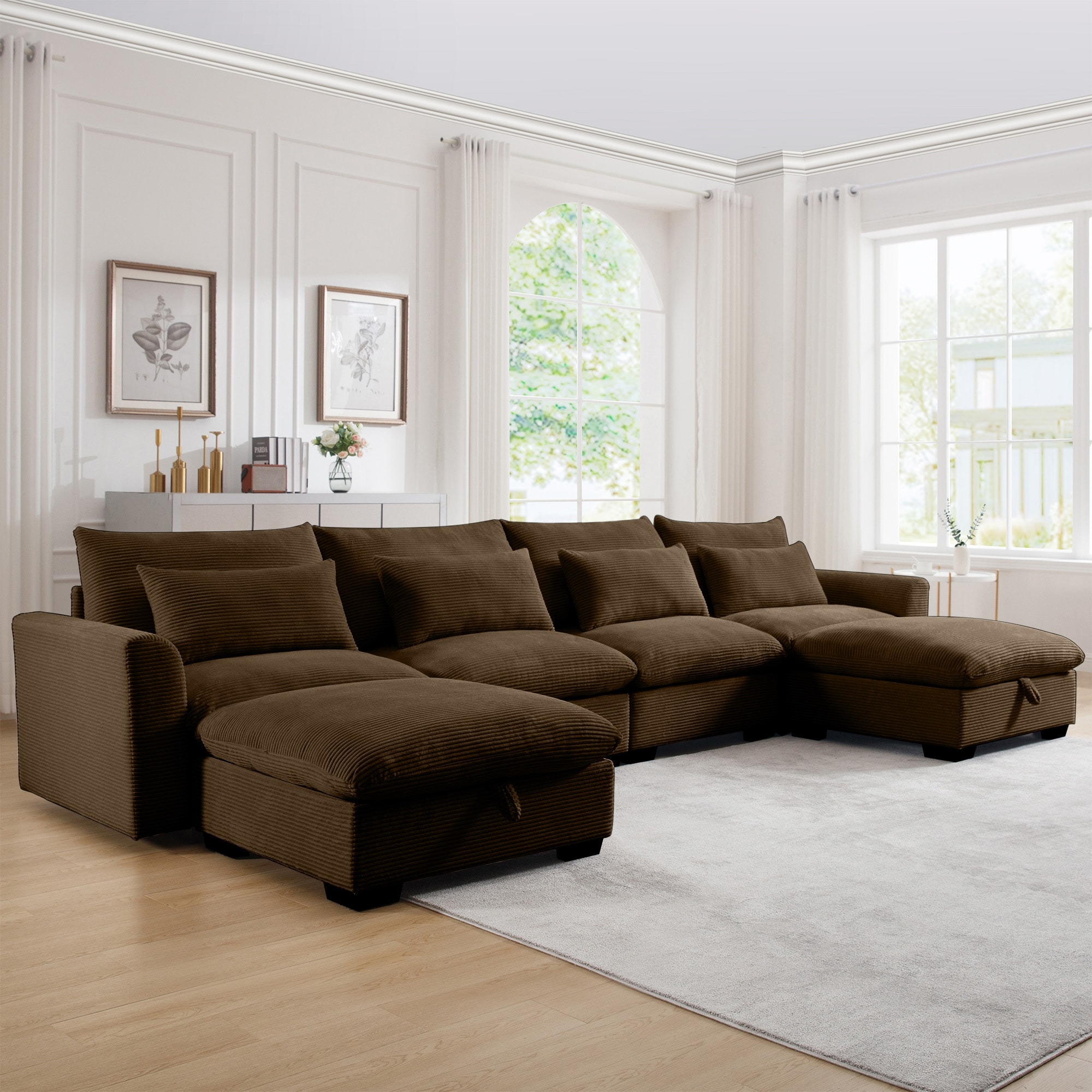 Brown U Shaped Corduroy Sectional Sofa 4 Seater Couch Recliner