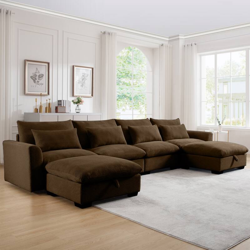 GDFStudio - Winslow Corduroy 4 Seater Sofa Couch with 2 Storage Ottomans and Pillows