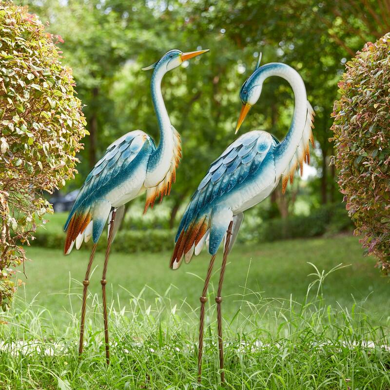 Glitzhome Metal Standing Crane Flamingo Garden Statue with Stakes Yard Art Sculpture Porch Decor