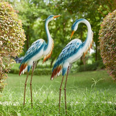 Glitzhome Metal Standing Crane Flamingo Garden Statue with Stakes Yard Art Sculpture Porch Decor