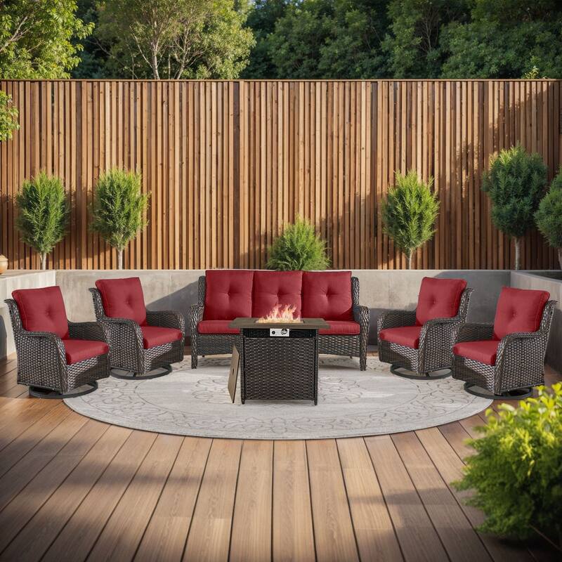 Gymojoy 6-Piece Outdoor Sofa & Chair Set with 4 Swivel Chairs, Fire Pit Table - Brown Wicker / Red Cusion - 6-Piece