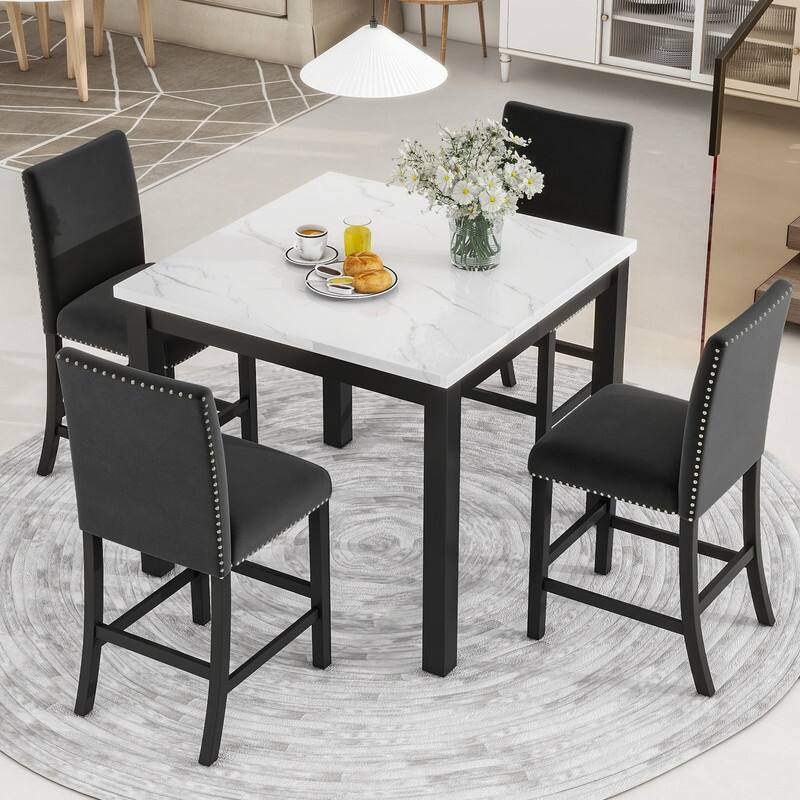 Modern 5-Piece Dining Room Set For 4,Faux Marble Dining Table and 4 Velvet Upholstered Dining Chairs - Black