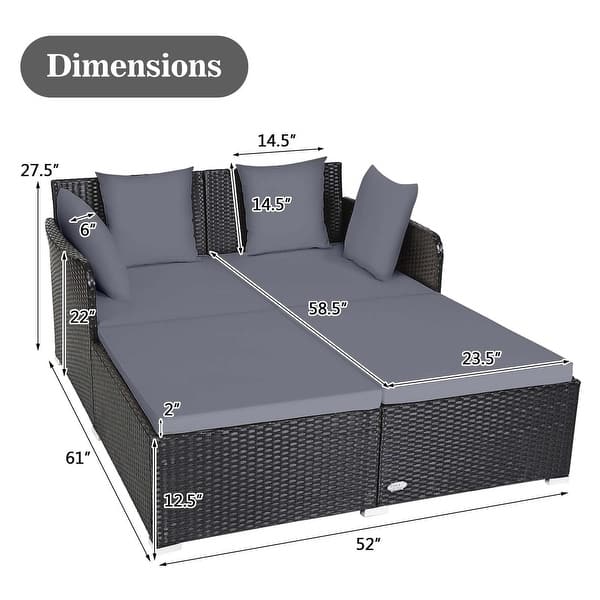 dimension image slide 5 of 6, Costway Outdoor Patio Rattan Daybed Pillows Cushioned Sofa Furniture - See details