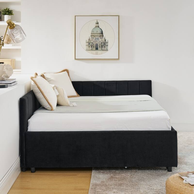 Full Size Upholstered Tufted Bed Frame with Two Drawers, Sofa Bed Frame with Comfortable Backrest and Armrests, Velvet