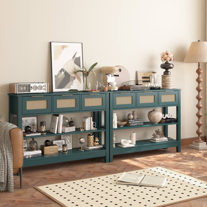 Anmytek Teal Rattan Entryway Console Table with 3 Drawers Adjustable Shelves Boho Chic Storage